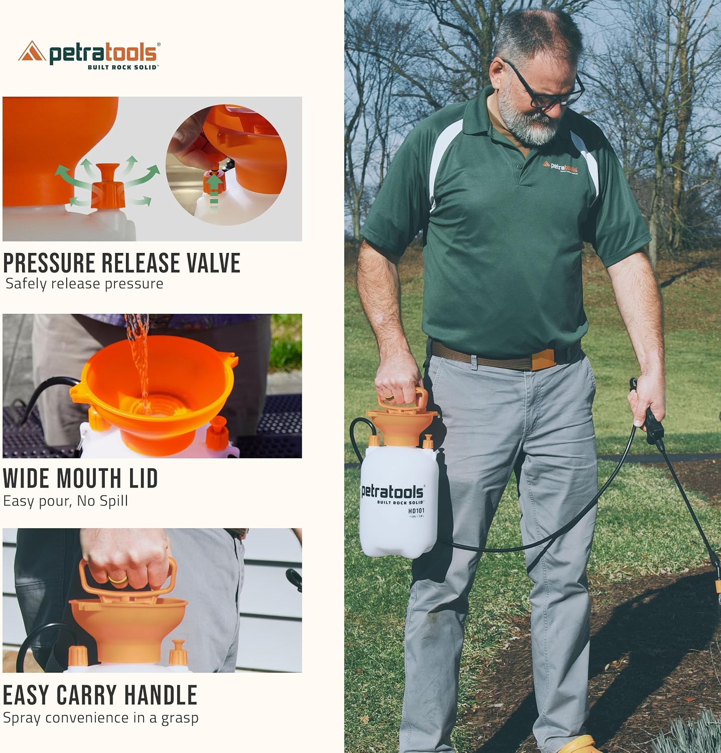 Petratools 1 Gallon Pump Sprayer – HD101 Garden Sprayer for Weeds, Lawn Care & Pesticides – 52” Long Hose, 2 Nozzles & Easy Carry Handle – Durable & Lightweight