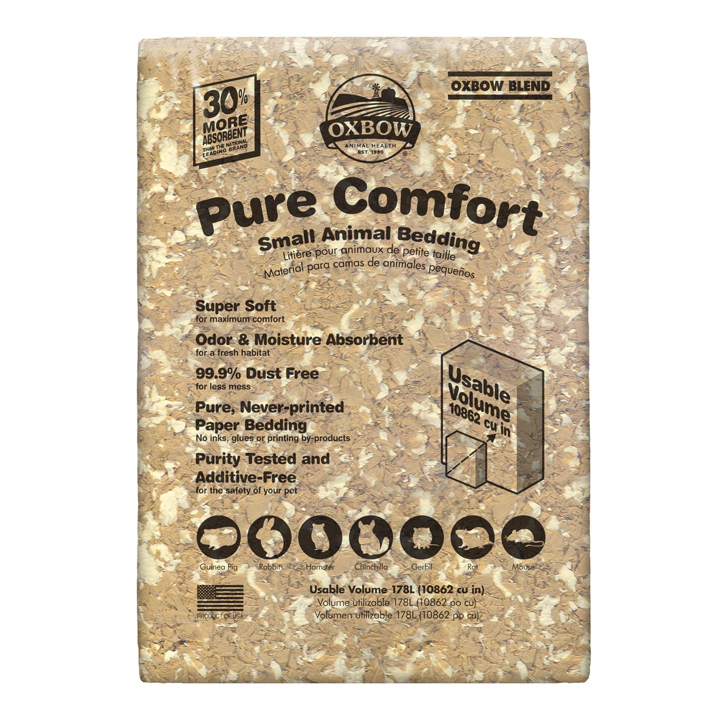 Oxbow Small Animal Bedding, Hamster, Guinea Pig, Rabbit, White, USA, 36 L | Pure Comfort, Hamster Bedding, Guinea Pig Bedding, Low Dust, Virgin Paper, Litter Box, Bunny, Rats, Gerbils, Chinchillas
