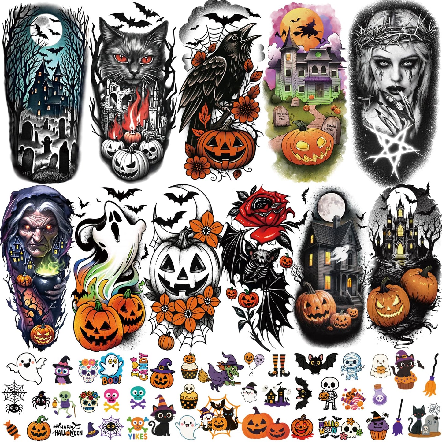 Yazhiji 36 Sheets Temporary Tattoos Stickers, 12 Sheets Fake Body Arm Chest Shoulder Tattoos for Men or Women with 24 PCS Tiny Black Tattoos