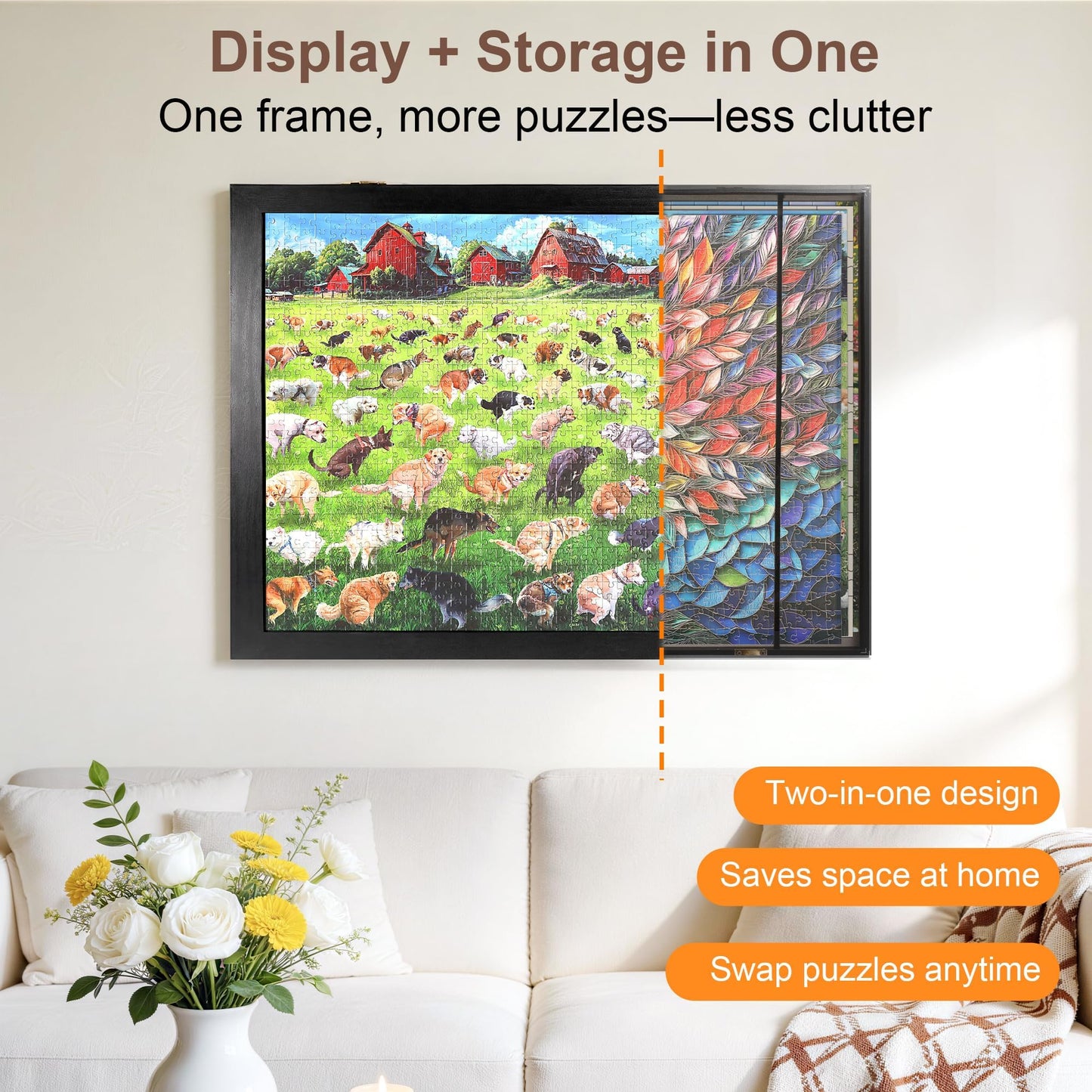 ALL4JIG Premium Wooden Puzzle Picture Frame with 5-Puzzle Storage Capacity for 1000 Piece Puzzles, Tool-Free Easy Assemble Display, Non-Glue Mounting Kit & Hanging Hardware Included (29" x 25")