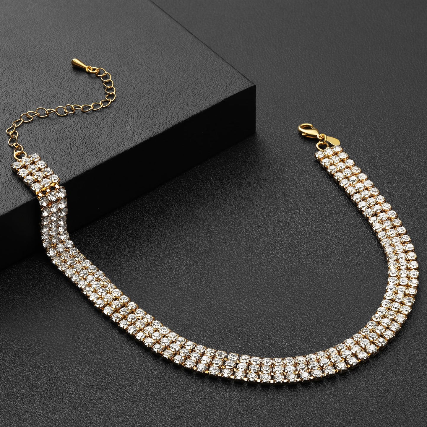 Zealmer 3 Row Rhinestone Choker Necklace for Women 18K Gold Plated