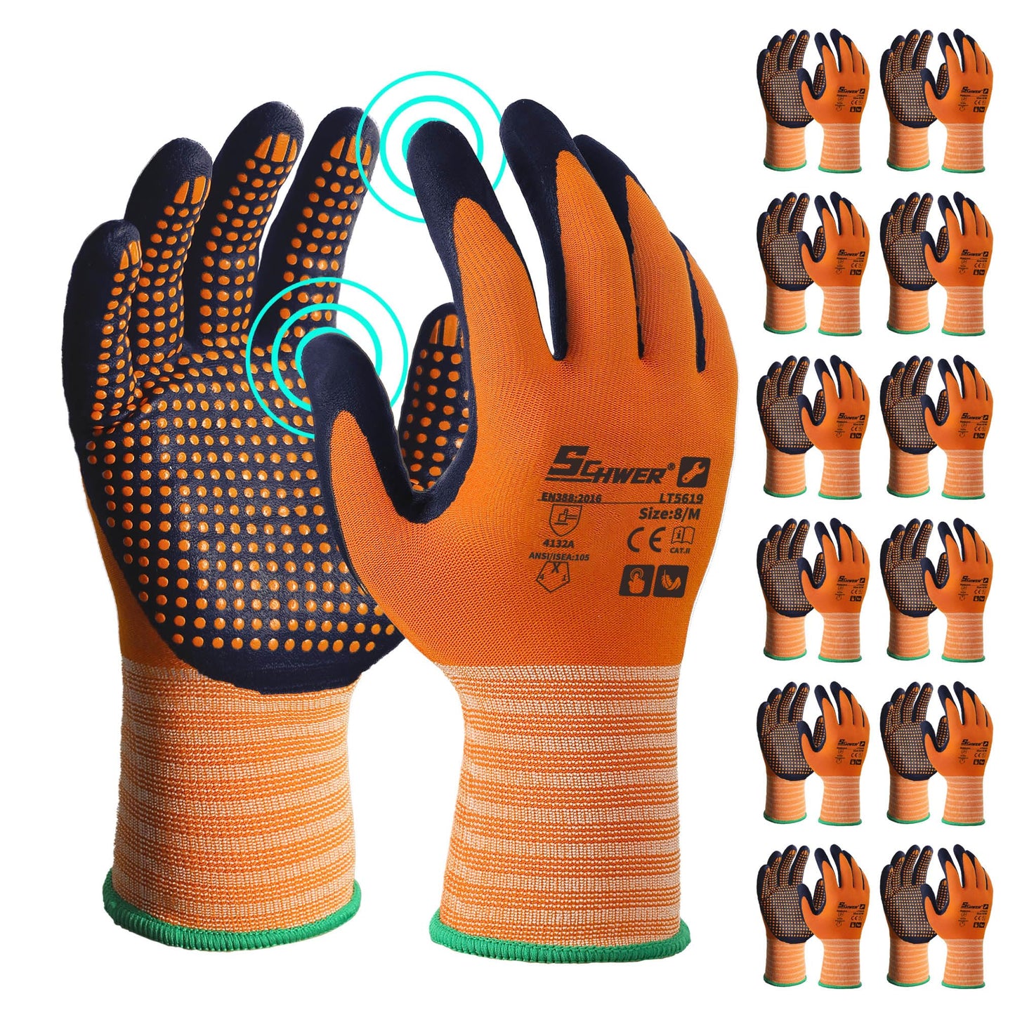 Schwer 3/6/12 Pairs Safety Work Gloves with Certified Level 6 Abrasion Resistance, Gardening Gloves with MicroDot Grip, Touchscreen, General A1 Cut Resistant Glove MicroFoam Nitrile Coated, LT5619, L