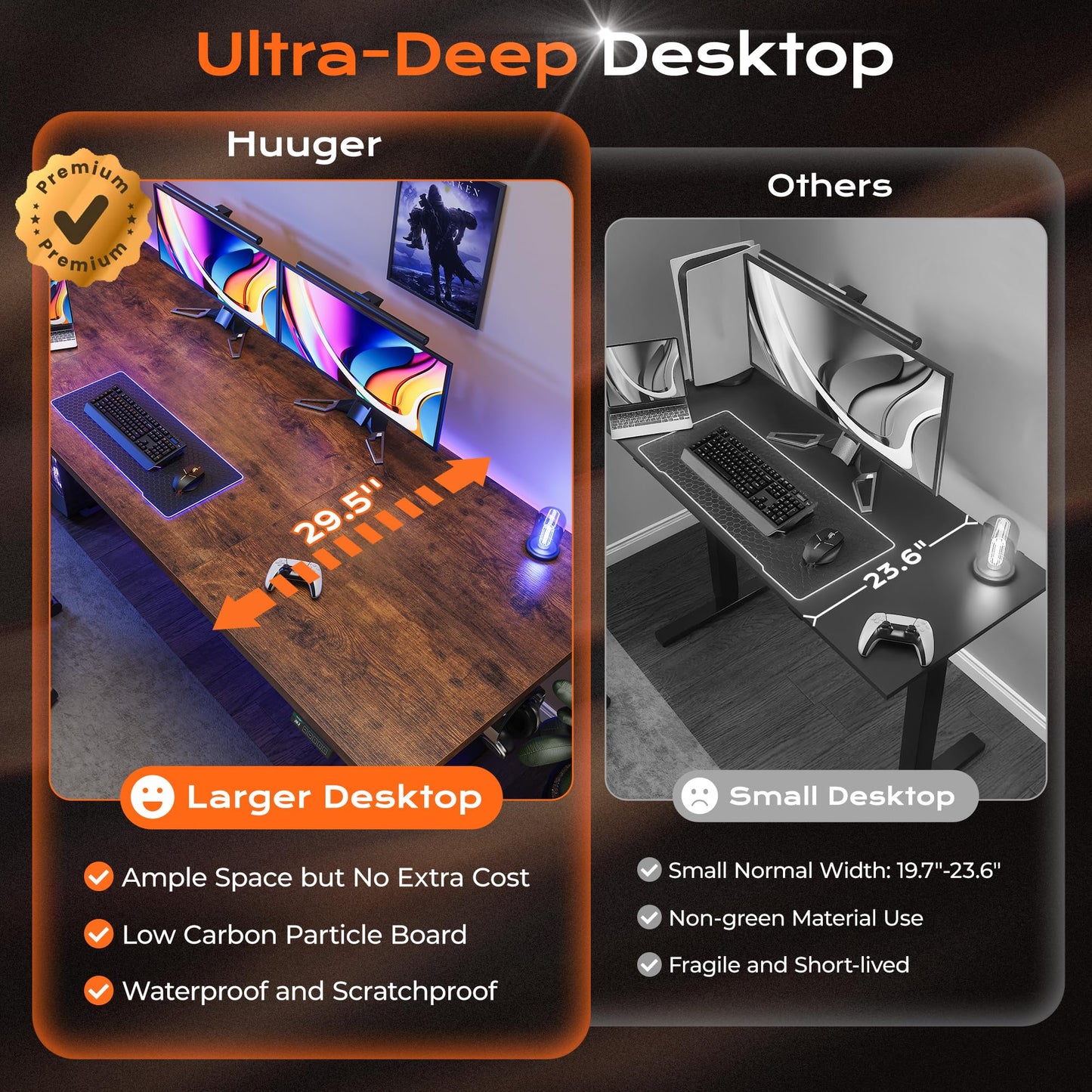 Huuger 55 x 28 Large Electric Standing Desk, Height Adjustable Computer Desk, 27.6" Deep Desktop, Stand up Gaming Office Table with 2 Hooks, 3 Preset Heights, for Home Office, Black