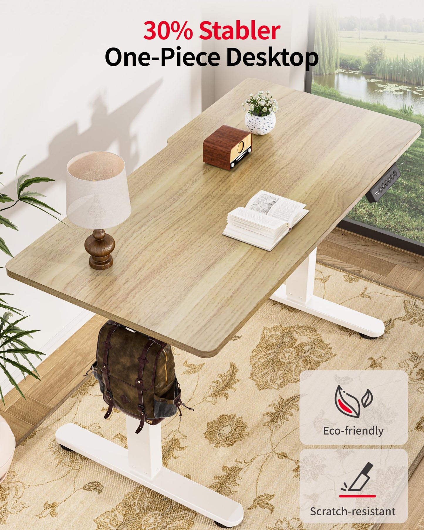 Okin Small Electric Standing Desk, 36" x 24" Whole Piece Height Adjustable Desk, Oak Sit to Stand Computer Workstation with Wheels for Home Office