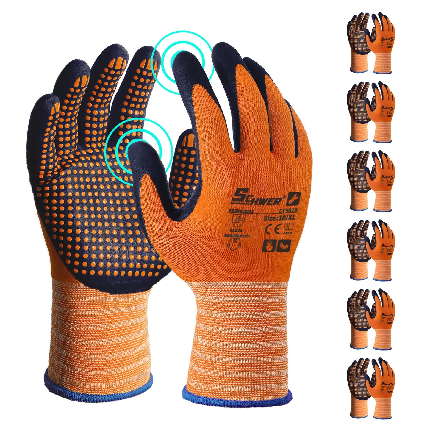 Schwer 3/6/12 Pairs Safety Work Gloves with Certified Level 6 Abrasion Resistance, Gardening Gloves with MicroDot Grip, Touchscreen, General A1 Cut Resistant Glove MicroFoam Nitrile Coated, LT5619, L