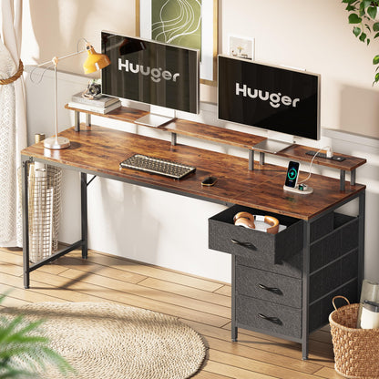 Huuger 47 Inch Computer Desk with Power Outlets and LED Lights, Gaming Desk with 4 Drawers, Office Desk with Monitor Stand, Study Work Home Office, Small Spaces, Black