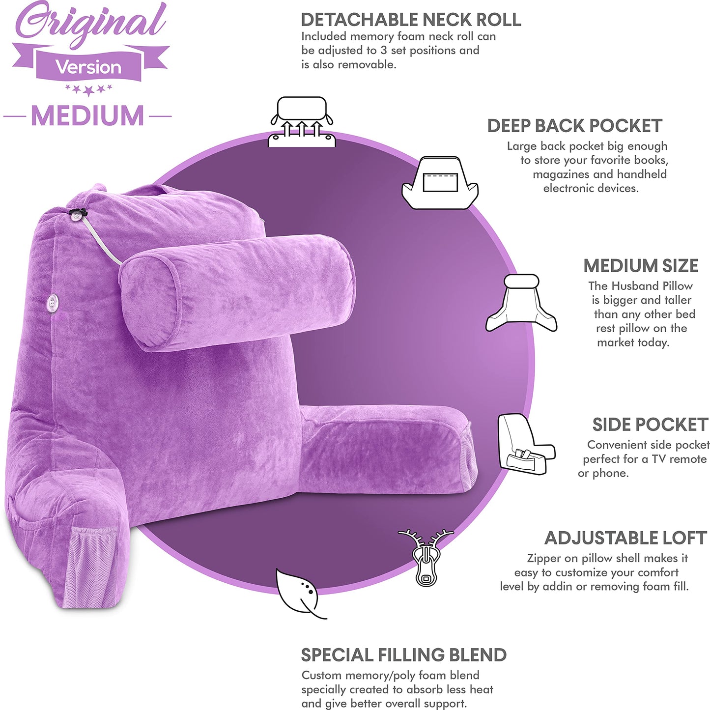 Husband Pillow XXL The Original for Adults - 30" Tall Backrest for Sitting Up in Bed - Firm Support Reading & Bed Rest Pillows for Adults, Neck Roll, Removable Cover - TV - Dark Grey