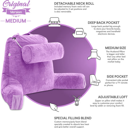 Husband Pillow XXL The Original for Adults - 30" Tall Backrest for Sitting Up in Bed - Firm Support Reading & Bed Rest Pillows for Adults, Neck Roll, Removable Cover - TV - Dark Grey