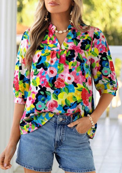 PRETTYGARDEN Women's 2026 Summer Floral Blouses Dressy Casual Half Sleeve V Neck Going Out Boho Tops Spring Fashion Clothing