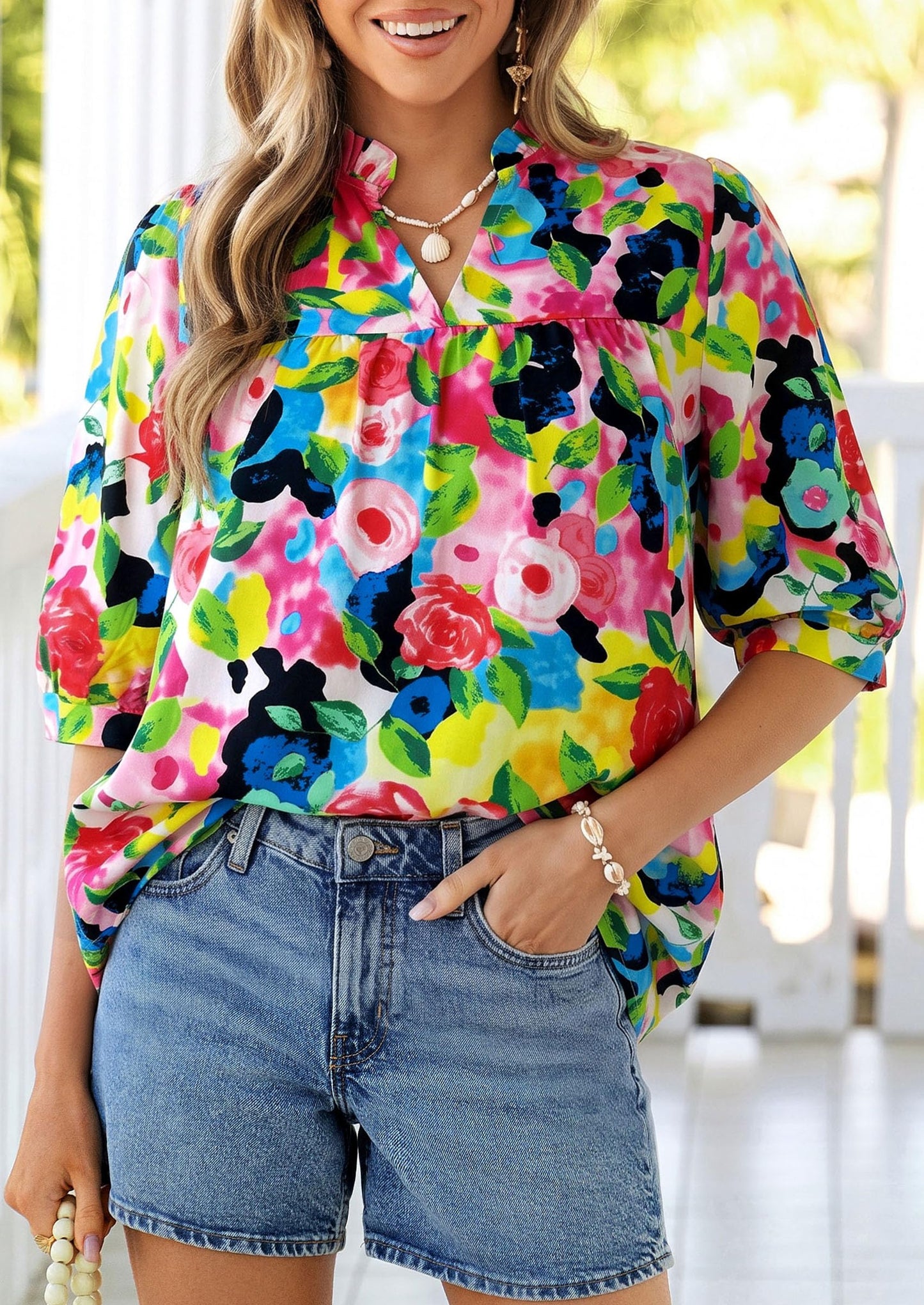 PRETTYGARDEN Women's 2026 Summer Floral Blouses Dressy Casual Half Sleeve V Neck Going Out Boho Tops Spring Fashion Clothing