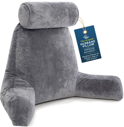 Husband Pillow XXL The Original for Adults - 30" Tall Backrest for Sitting Up in Bed - Firm Support Reading & Bed Rest Pillows for Adults, Neck Roll, Removable Cover - TV - Dark Grey