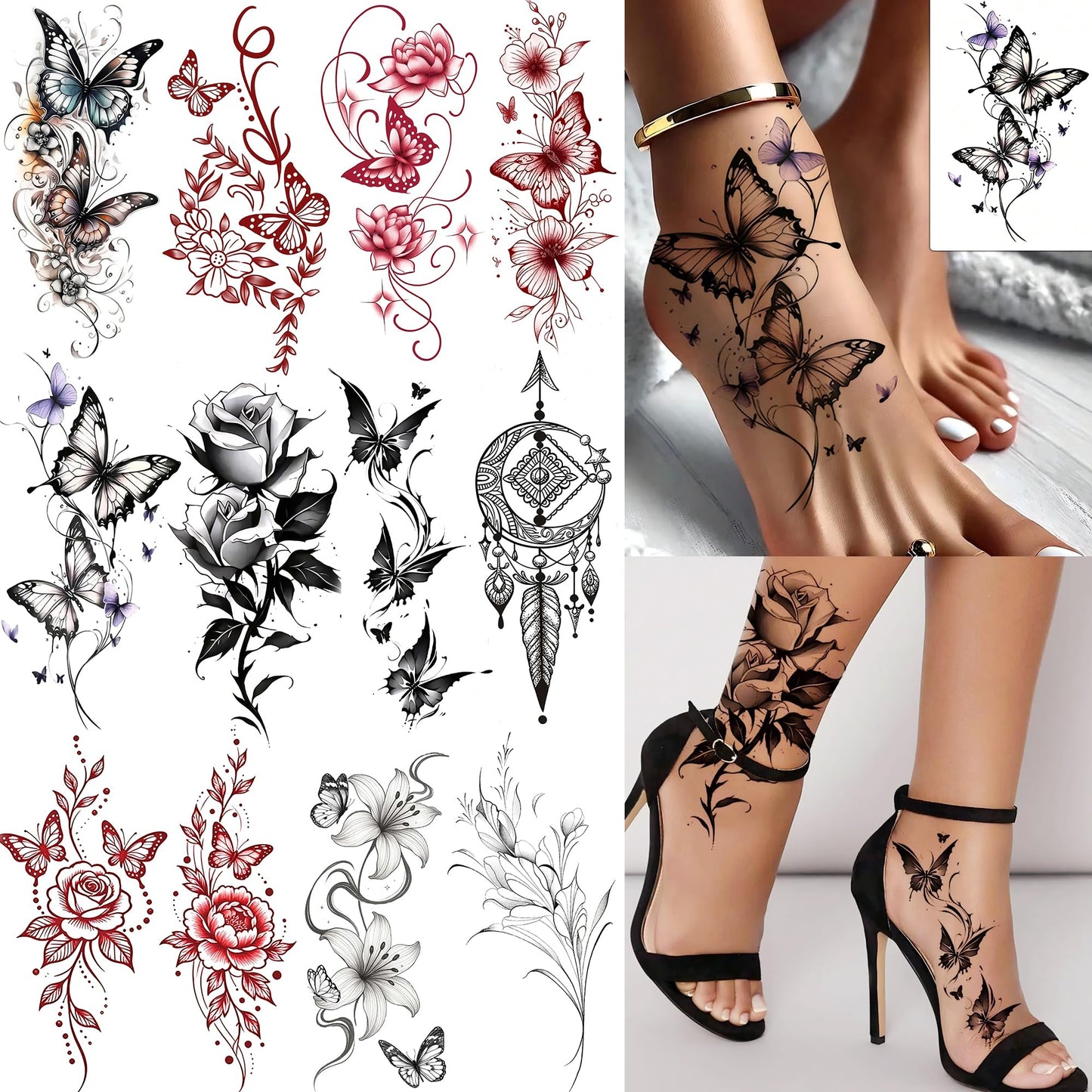 12 Sheets Beautiful Butterfly Flowers Temporary Tattoos For Women Feet Hands Body Art, Realistic Rose Peony Floral Fake Tattoo Sticker For Legs Ankle, Waterproof Lily Dreamcatcher Temp Tatoos Decals