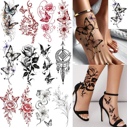 12 Sheets Beautiful Butterfly Flowers Temporary Tattoos For Women Feet Hands Body Art, Realistic Rose Peony Floral Fake Tattoo Sticker For Legs Ankle, Waterproof Lily Dreamcatcher Temp Tatoos Decals
