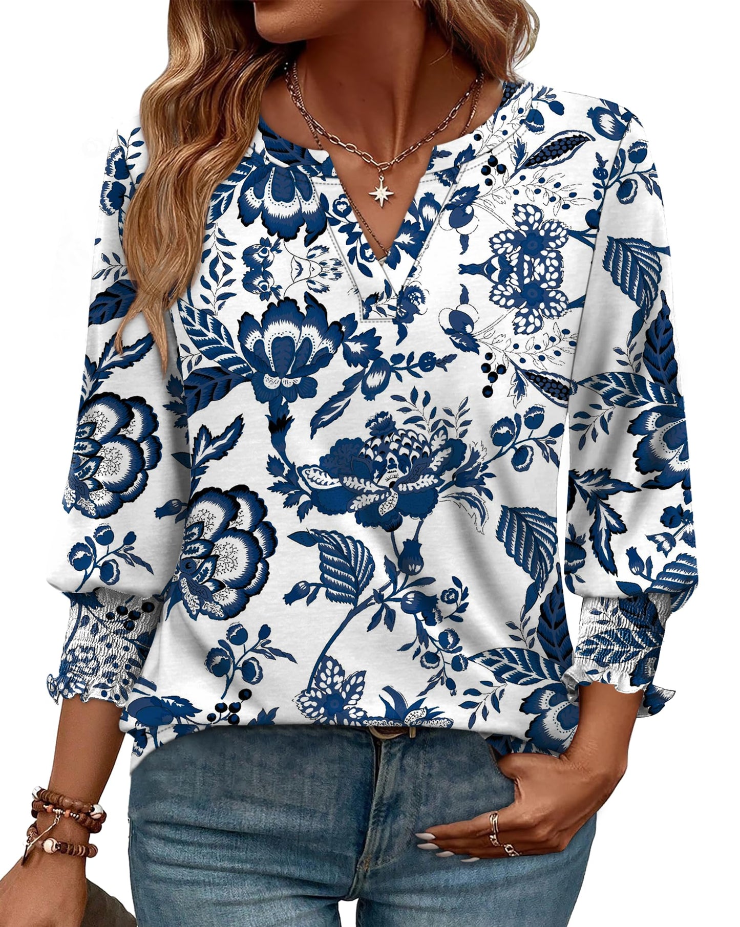 WIHOLL 3/4 Length Sleeve Womens Tops Summer Shirts Spring Vacation Outfits Dressy Casual Trendy Fall S-3XL