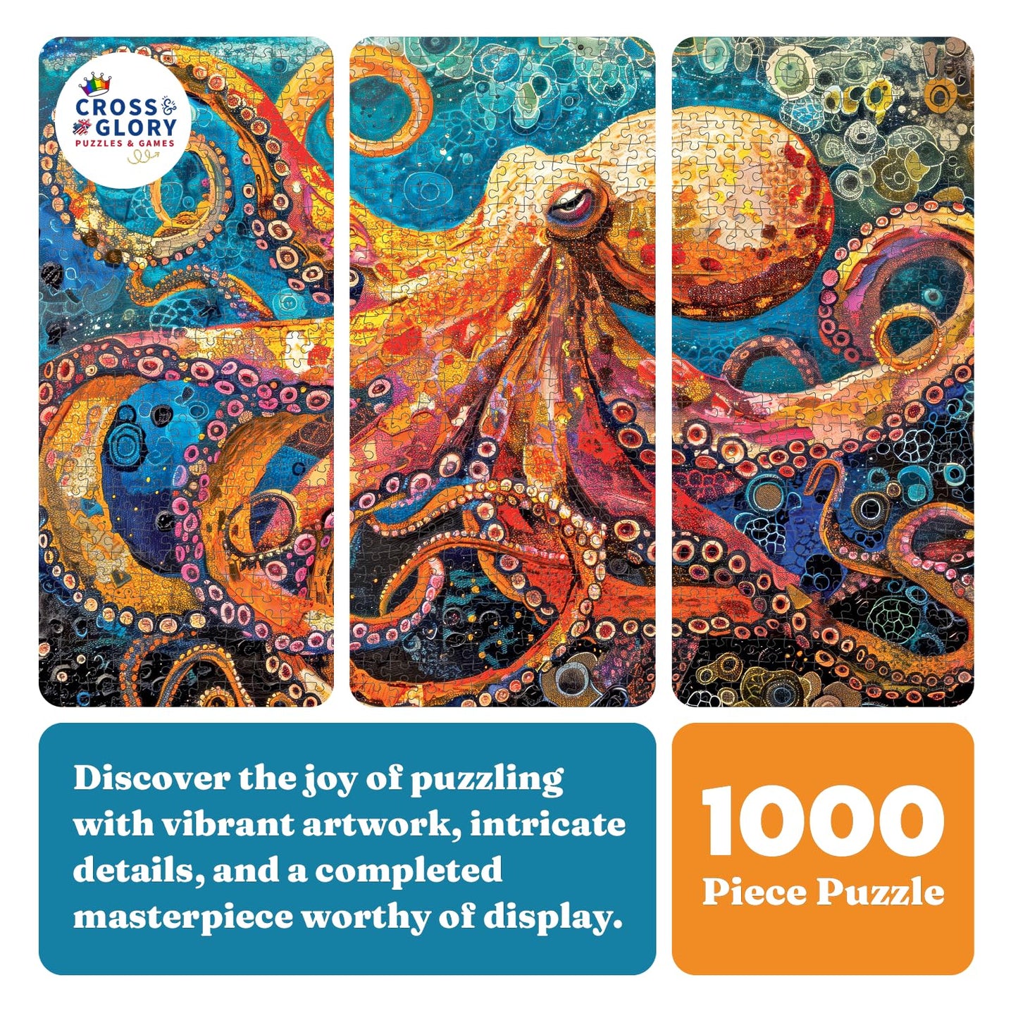 Cross & Glory | Jigsaw Puzzles 1000 Pieces for Adults | Deep Blue Octopus Odyssey | Ocean Octopus Puzzles for Adults | Challenging Brain Teaser Ocean Puzzle | 20 x 27 Inches