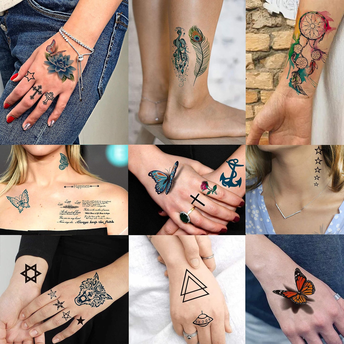 12 Sheets Beautiful Butterfly Flowers Temporary Tattoos For Women Feet Hands Body Art, Realistic Rose Peony Floral Fake Tattoo Sticker For Legs Ankle, Waterproof Lily Dreamcatcher Temp Tatoos Decals