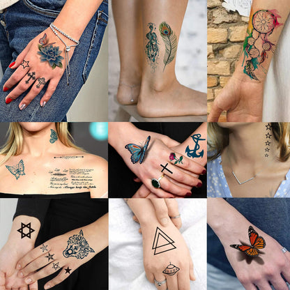 12 Sheets Beautiful Butterfly Flowers Temporary Tattoos For Women Feet Hands Body Art, Realistic Rose Peony Floral Fake Tattoo Sticker For Legs Ankle, Waterproof Lily Dreamcatcher Temp Tatoos Decals