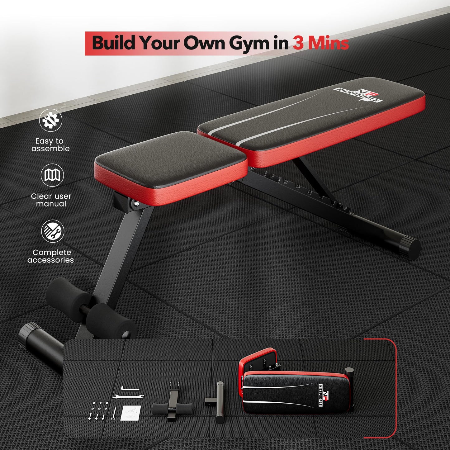 NICEPEOPLE Adjustable Weight Bench for Home Gym, 660LBS Capacity Workout Bench with 8 Backrests for Chest Shoulders Arms, Compact and Foldable Strength Bench for Small Space Apartment Room