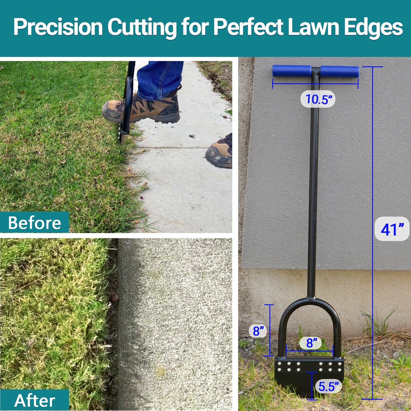 Edger Lawn Tool 41in Border Edger with Tempered Spring Steel Blade Long Rubber Handle Wide Footplate Rustproof Manganese Steel Half Moon Edger for Garden Maintenance