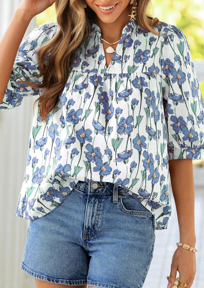 PRETTYGARDEN Women's 2026 Summer Floral Blouses Dressy Casual Half Sleeve V Neck Going Out Boho Tops Spring Fashion Clothing