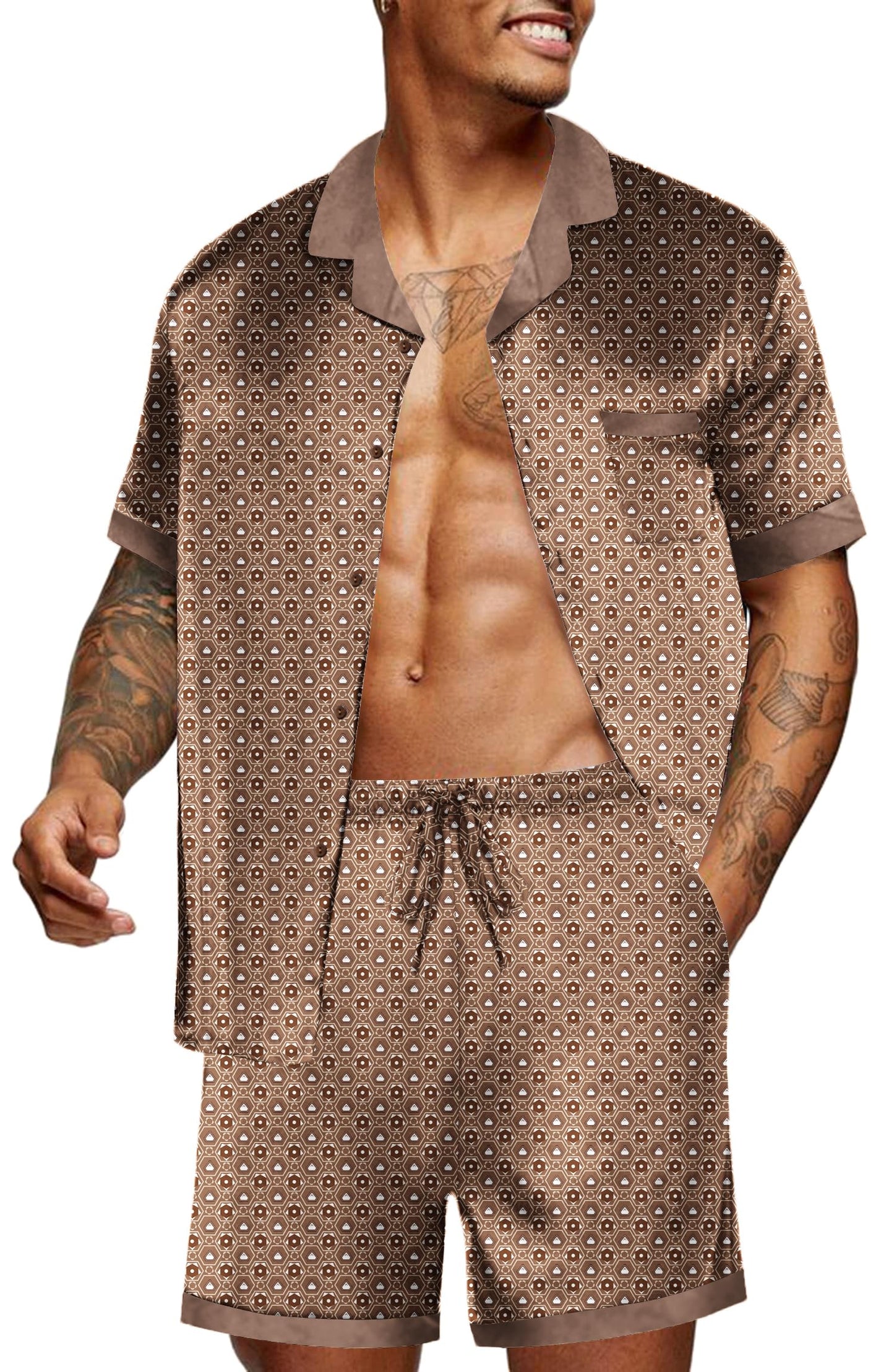 Ekouaer Men Satin Silk Pajamas Set with Pockets Sleepwear Shorts Satin Summer Loungewear 2 Piece Button Down Set S-3XL