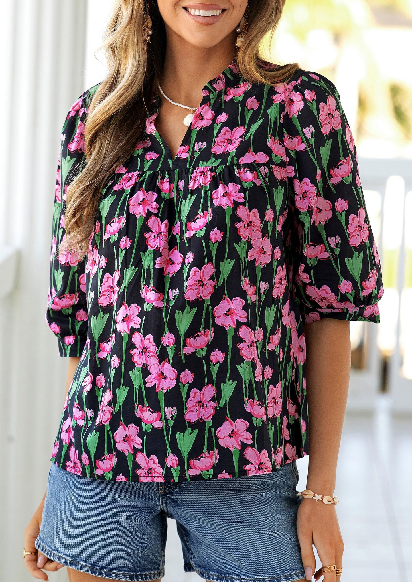 PRETTYGARDEN Women's 2026 Summer Floral Blouses Dressy Casual Half Sleeve V Neck Going Out Boho Tops Spring Fashion Clothing