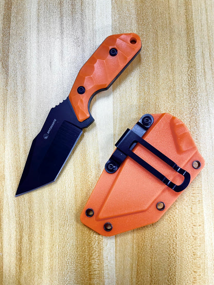 Neck Knife with Sheath and Necklace X-TAN-K, Horizontal Carry Knife with Full Tang Tanto 5Cr14MoV Steel Blade, Khaki ABS Handle, EDC, Outdoor, Camping & Hiking
