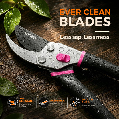 VOTREK® Pruning Shears, 8.5” Professional Garden Pruner with Jam-Proof Spring & Ever-Sharp SK5 Blade, Ergonomic Bypass Clippers for Rose, Tree Trimming, Heavy Duty Bonsai Scissor for Weak Hand