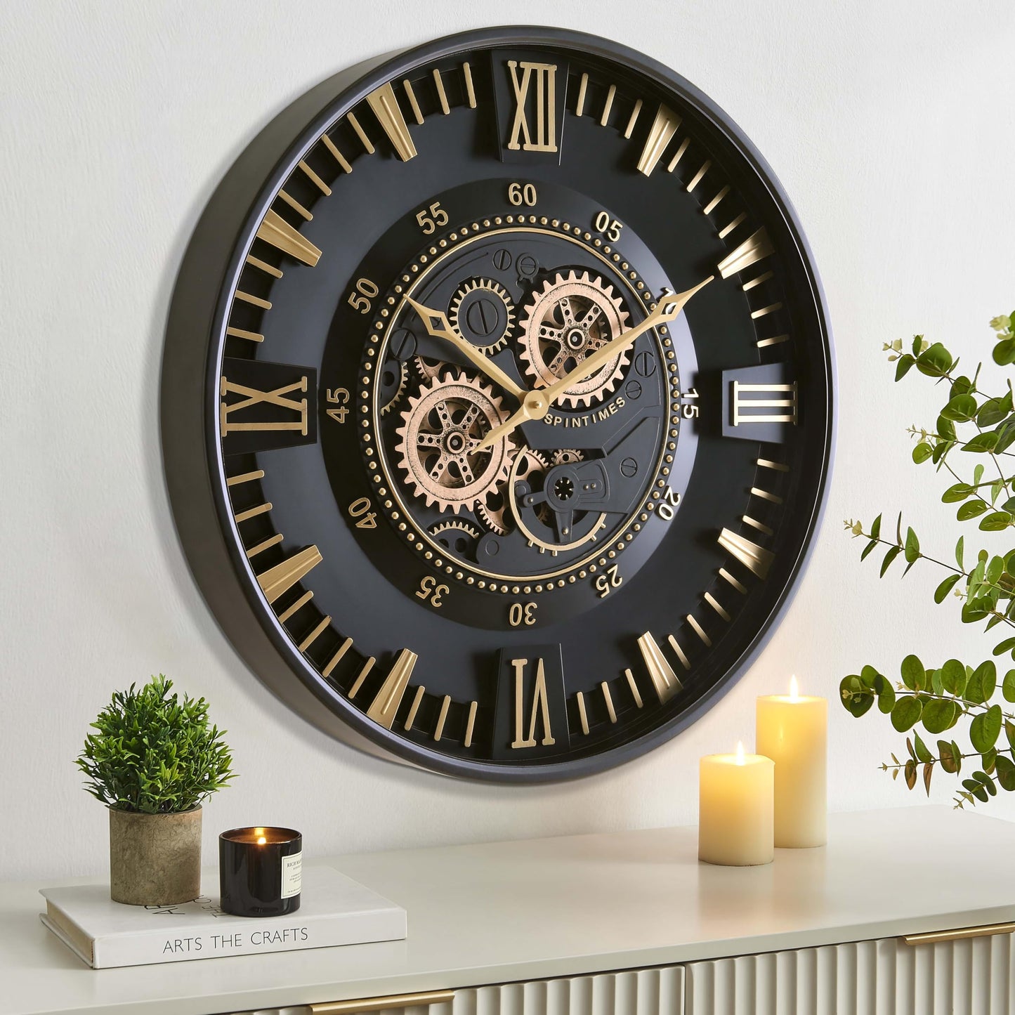 CLXEAST Mid Century Minimalist Modern Wall Clocks,24 Inch Wall Clock with Moving Gears, Large Cream Gold Wall Clocks for Living Room Decor,House Warming Gifts New Home