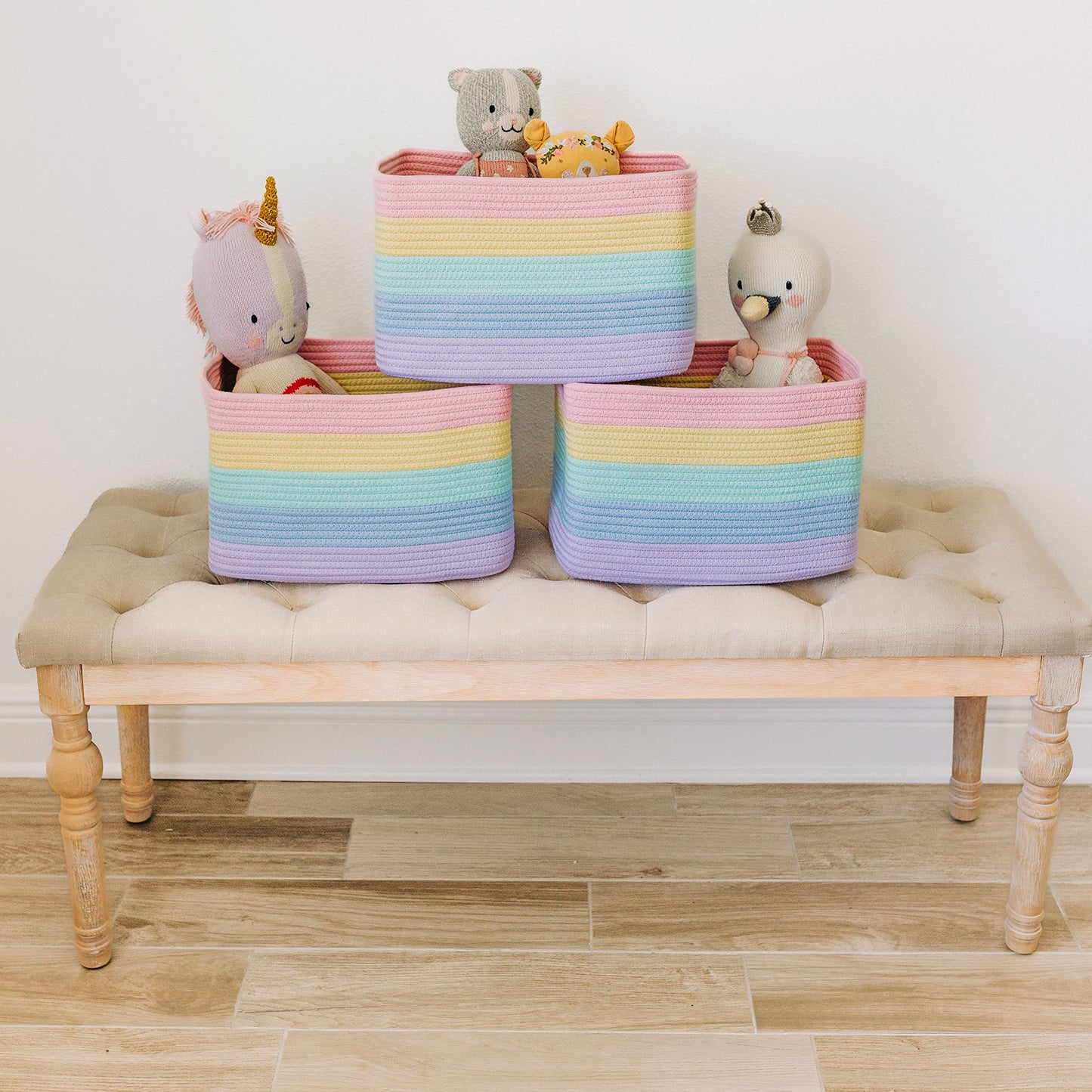 Light Honey Cotton Rope Baskets for Shelves, Set of 3 - 15"×10"×9½" - Woven Storage Baskets for Organizing - Closet, Nursery, Bedroom, Playroom - Toys, Books, Towels, Clothes