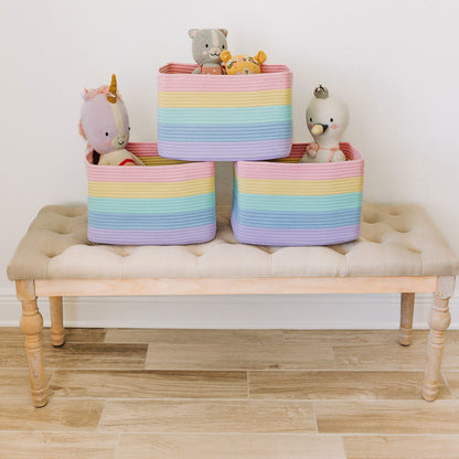 Light Honey Cotton Rope Baskets for Shelves, Set of 3 - 15"×10"×9½" - Woven Storage Baskets for Organizing - Closet, Nursery, Bedroom, Playroom - Toys, Books, Towels, Clothes