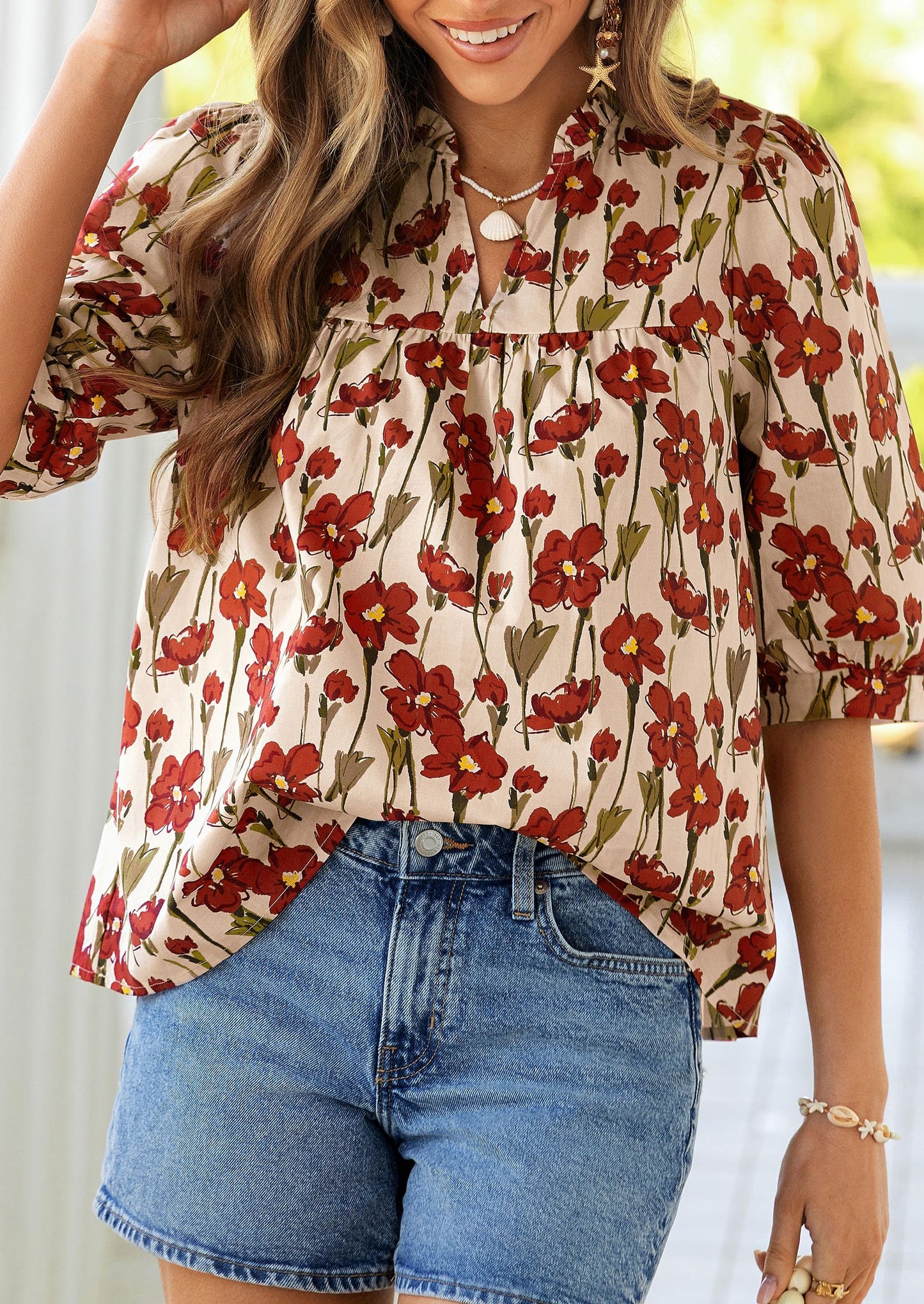 PRETTYGARDEN Women's 2026 Summer Floral Blouses Dressy Casual Half Sleeve V Neck Going Out Boho Tops Spring Fashion Clothing