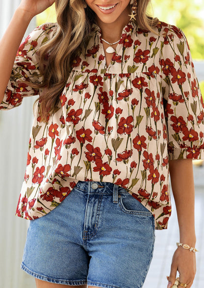 PRETTYGARDEN Women's 2026 Summer Floral Blouses Dressy Casual Half Sleeve V Neck Going Out Boho Tops Spring Fashion Clothing