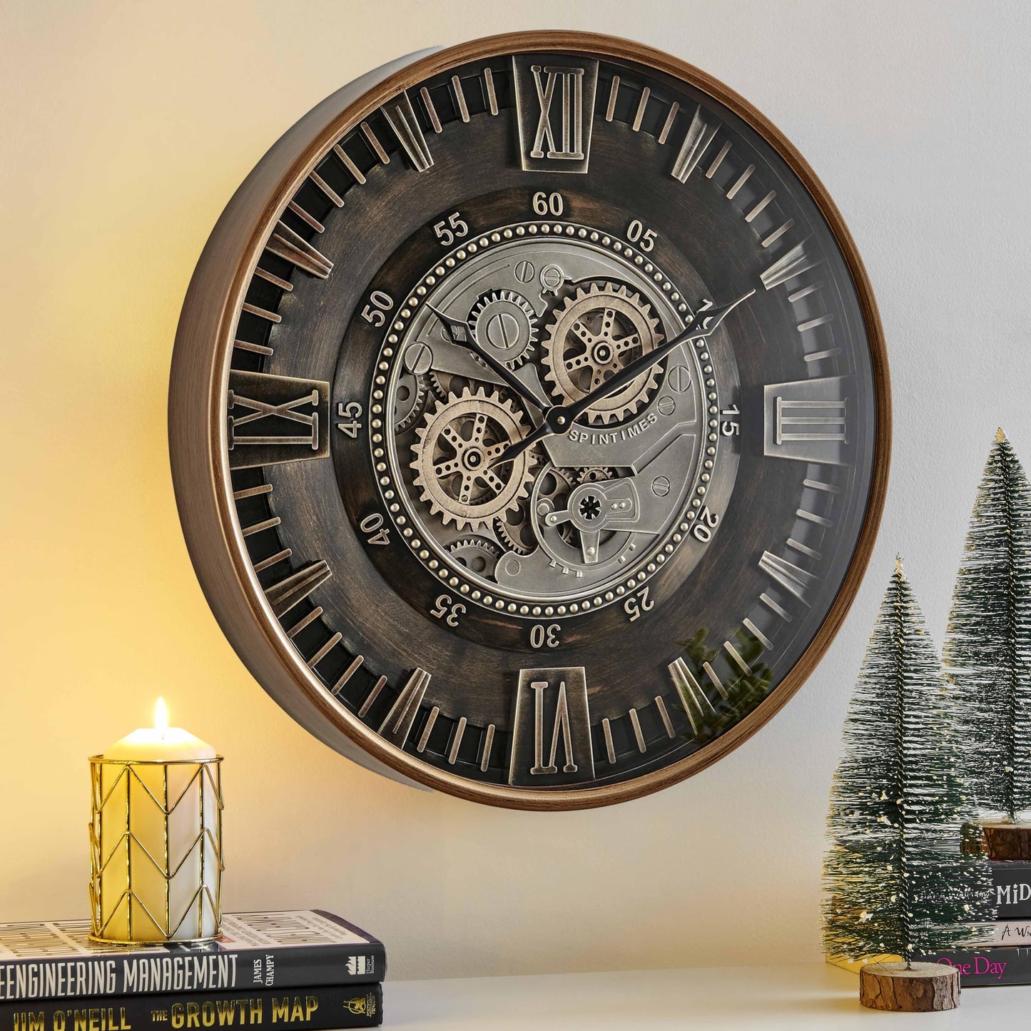 CLXEAST Mid Century Minimalist Modern Wall Clocks,24 Inch Wall Clock with Moving Gears, Large Cream Gold Wall Clocks for Living Room Decor,House Warming Gifts New Home
