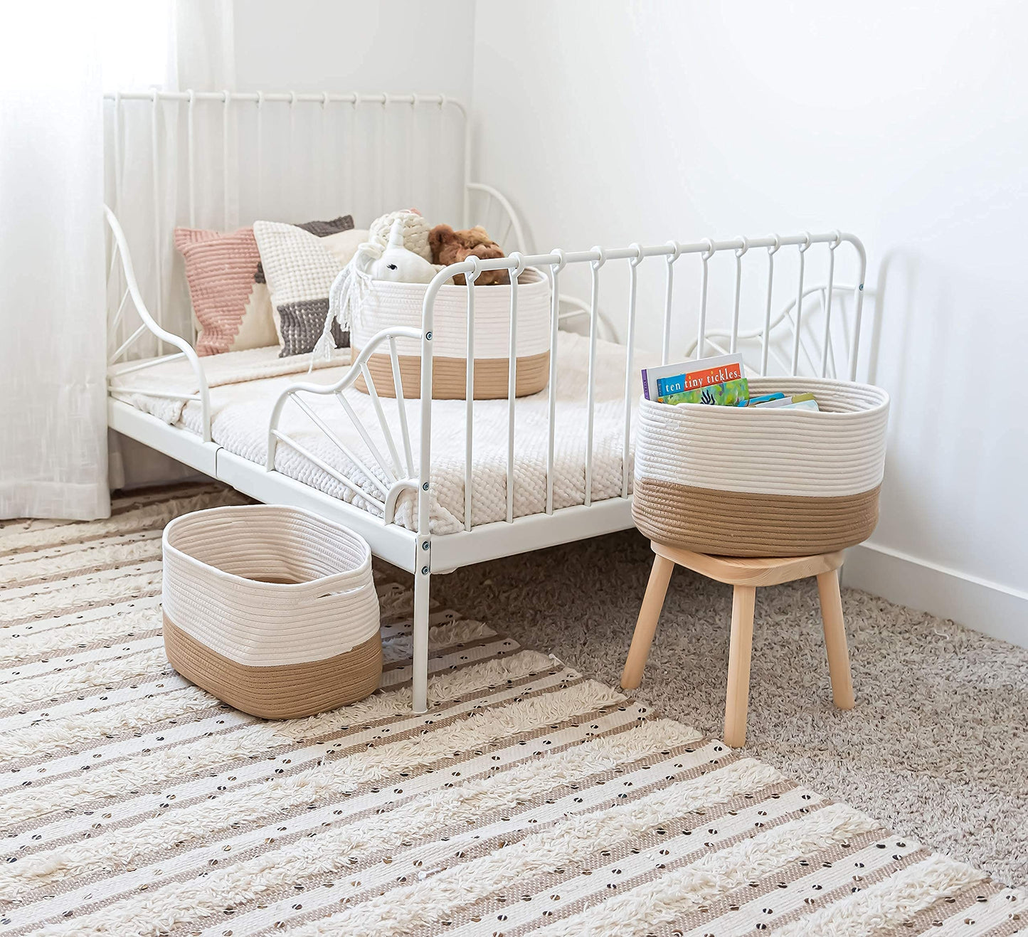 Light Honey Cotton Rope Baskets for Shelves, Set of 3 - 15"×10"×9½" - Woven Storage Baskets for Organizing - Closet, Nursery, Bedroom, Playroom - Toys, Books, Towels, Clothes