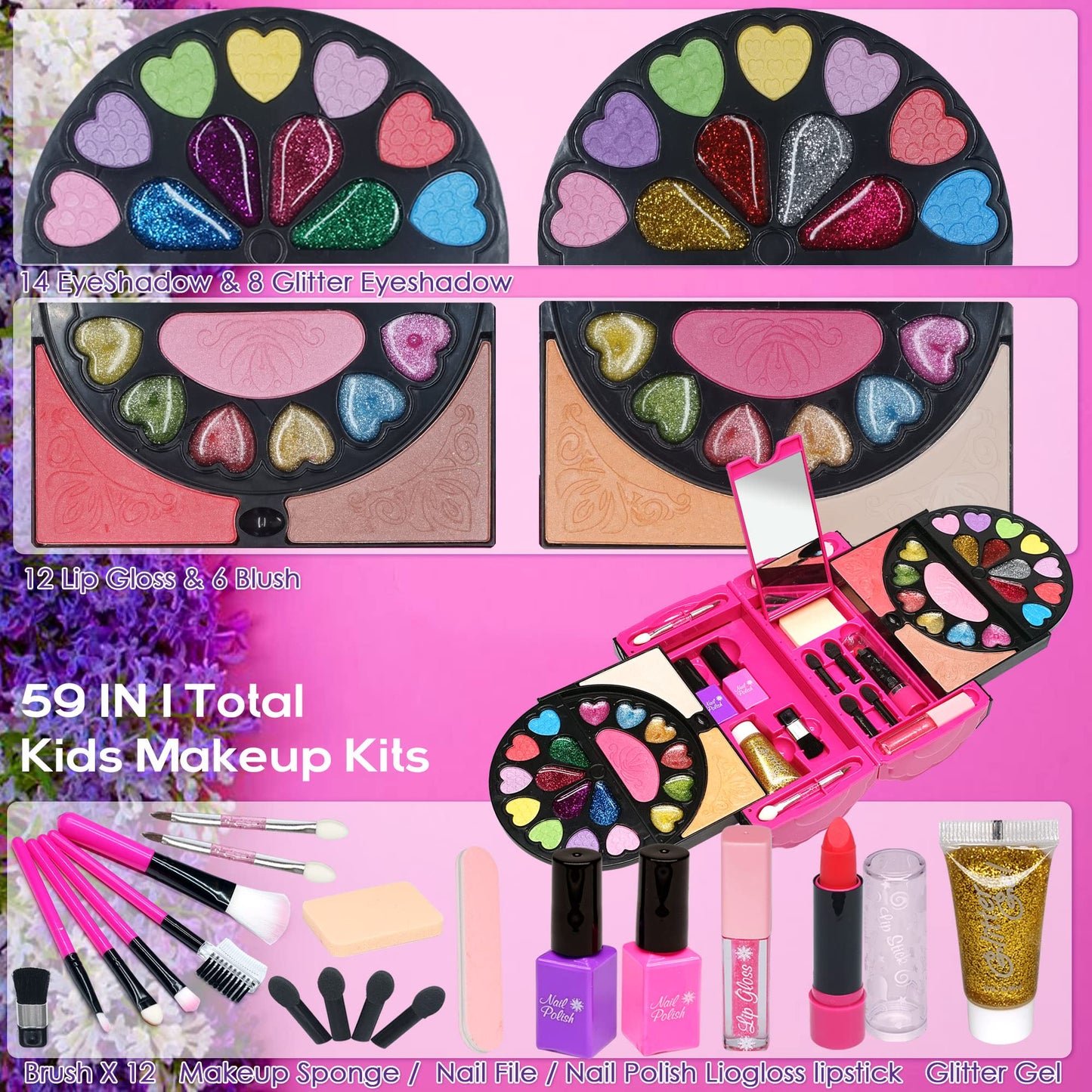 Kids Makeup Kit for Girl - 52 PCS Safe and Washable Makeup for Kids, Real Girls Makeup Kit, Toddler Makeup Kit with Cosmetic Case, Girls Toys Age 4-12, Princess Toys Birthday Gifts for Girls