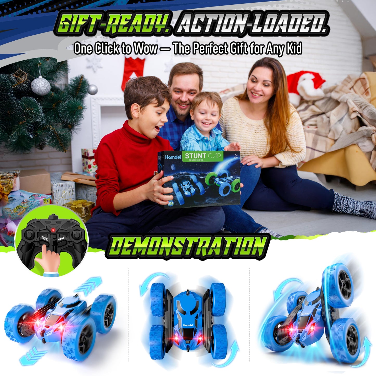 Hamdol Remote Control Car for Kids, 360° Rotating Double-Sided RC Car with LED Headlights, 4WD 2.4GHz Electric Rechargeable Toy Vehicle for Boys and Girls, Perfect Birthday