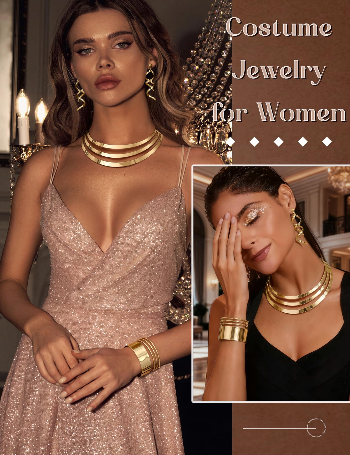 JOERICA Bib Choker Necklace Set for Women Wide Cuff Bangle Bracelets Long Statement Dangle Earrings African Costume Jewelry Set