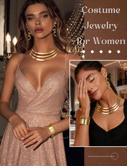 JOERICA Bib Choker Necklace Set for Women Wide Cuff Bangle Bracelets Long Statement Dangle Earrings African Costume Jewelry Set
