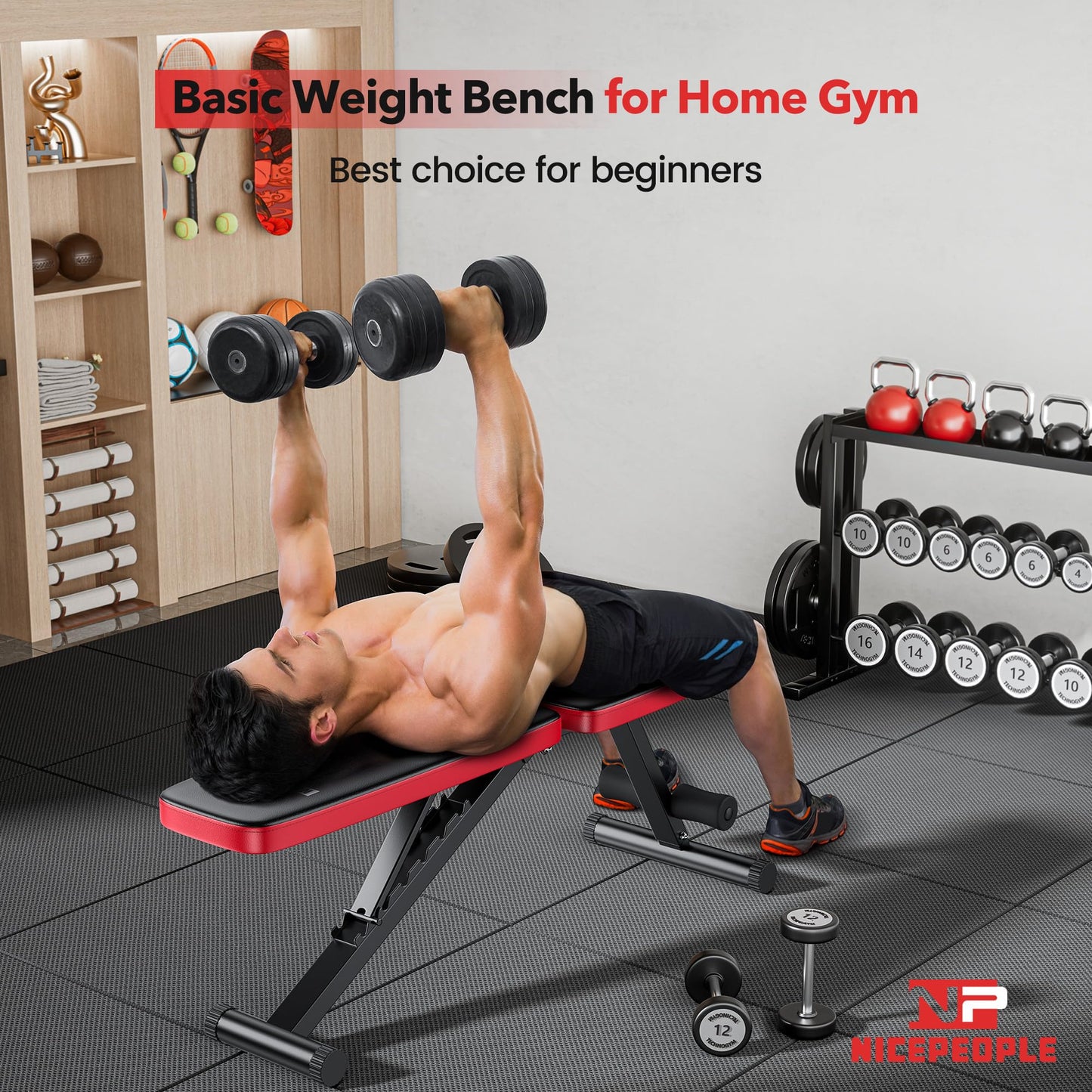 NICEPEOPLE Adjustable Weight Bench for Home Gym, 660LBS Capacity Workout Bench with 8 Backrests for Chest Shoulders Arms, Compact and Foldable Strength Bench for Small Space Apartment Room