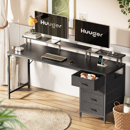 Huuger 47 Inch Computer Desk with Power Outlets and LED Lights, Gaming Desk with 4 Drawers, Office Desk with Monitor Stand, Study Work Home Office, Small Spaces, Black