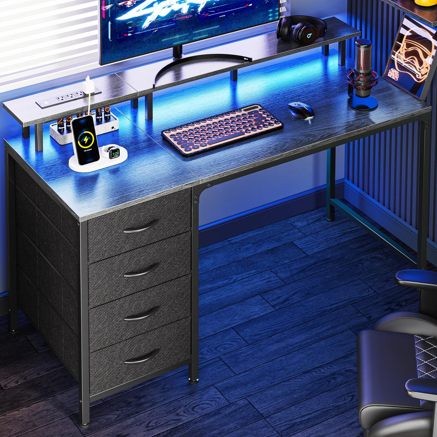 Huuger 47 Inch Computer Desk with Power Outlets and LED Lights, Gaming Desk with 4 Drawers, Office Desk with Monitor Stand, Study Work Home Office, Small Spaces, Black