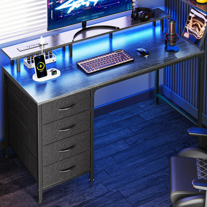 Huuger 47 Inch Computer Desk with Power Outlets and LED Lights, Gaming Desk with 4 Drawers, Office Desk with Monitor Stand, Study Work Home Office, Small Spaces, Black