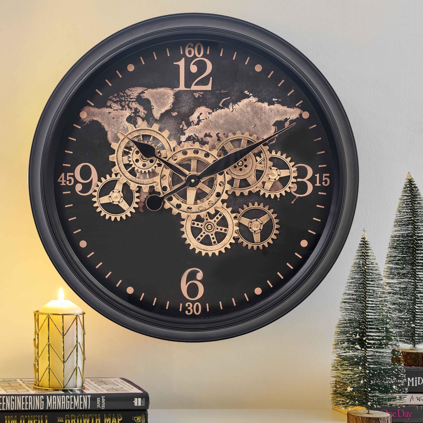 CLXEAST Mid Century Minimalist Modern Wall Clocks,24 Inch Wall Clock with Moving Gears, Large Cream Gold Wall Clocks for Living Room Decor,House Warming Gifts New Home