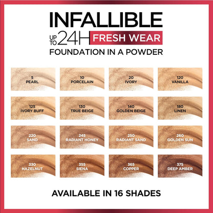 L'Oreal Paris Makeup Infallible Fresh Wear Foundation in a Powder, Up to 24H Wear, Waterproof, Vanilla, 0.31 oz. (Packaging May Vary)