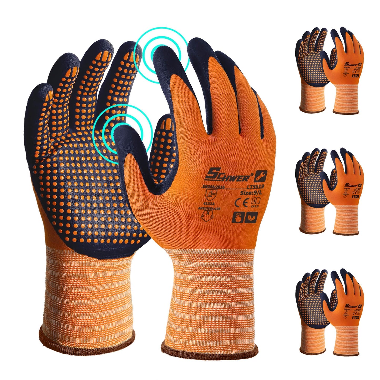 Schwer 3/6/12 Pairs Safety Work Gloves with Certified Level 6 Abrasion Resistance, Gardening Gloves with MicroDot Grip, Touchscreen, General A1 Cut Resistant Glove MicroFoam Nitrile Coated, LT5619, L
