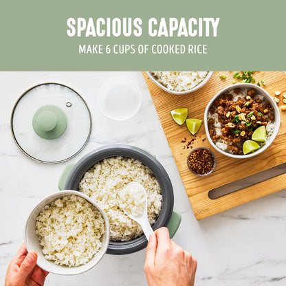 GreenLife Rice Cooker with Removable PFAS-Free Ceramic Nonstick Pot, 3-Cups Uncooked/6-Cups Cooked, Grains & Oatmeal Multicooker, Compact One-Switch Design, Auto Keep Warm, Easy Clean, Cream