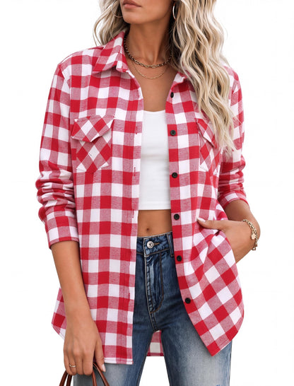 Zeagoo Flannel Shirt Women Plaid Button Down Shackets Long Sleeve Fall Tops | Cotton Brushed Flannel Shirts Lightweight Loose Fit Blouse Business Casual Office Outfits 2026 Fashion Summer Western Clothes
