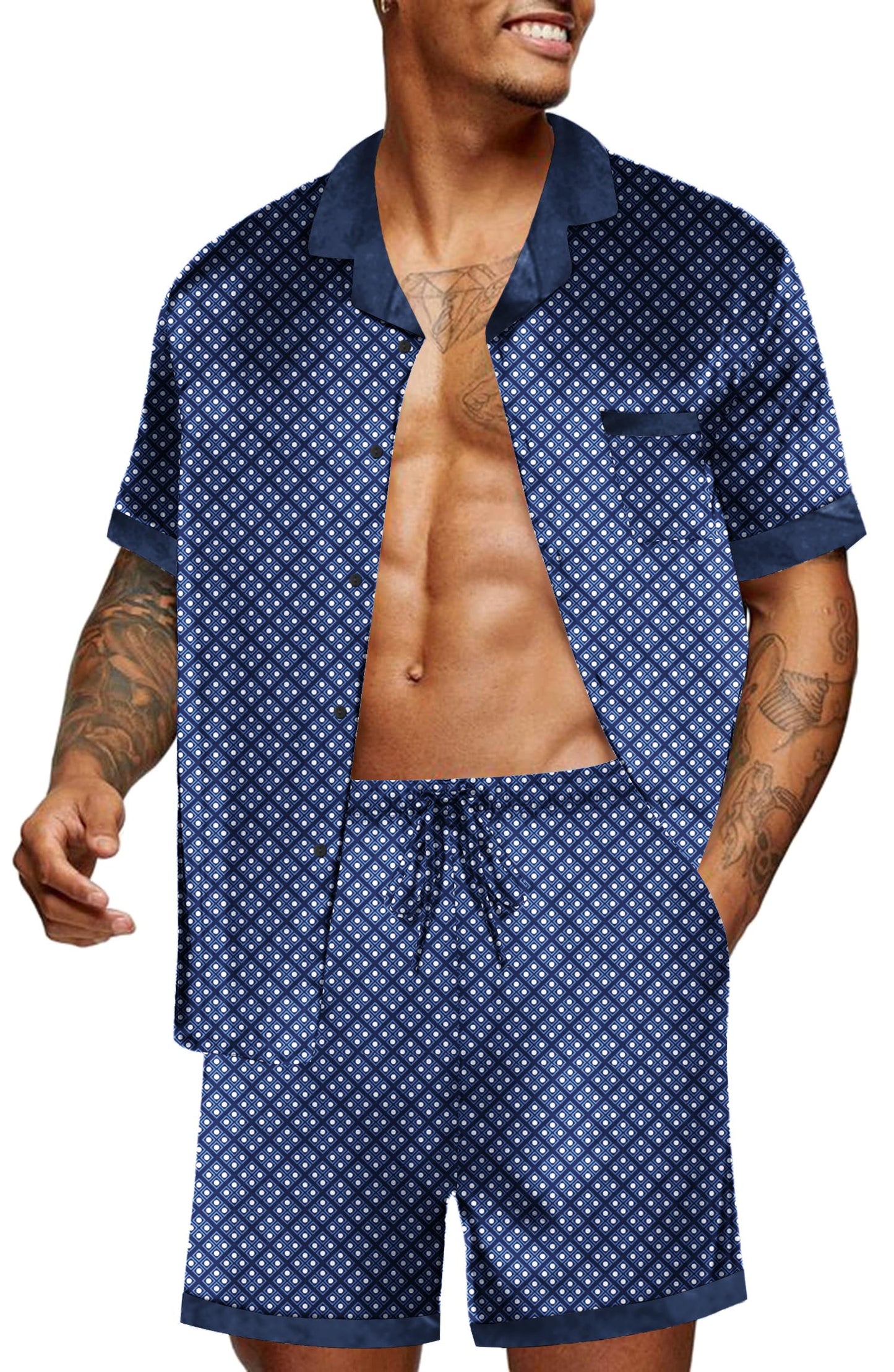 Ekouaer Men Satin Silk Pajamas Set with Pockets Sleepwear Shorts Satin Summer Loungewear 2 Piece Button Down Set S-3XL