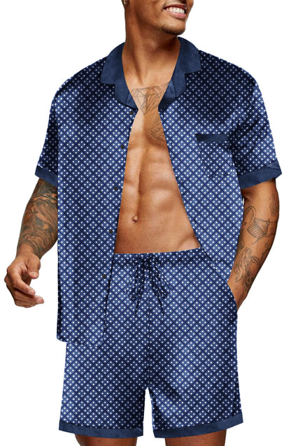 Ekouaer Men Satin Silk Pajamas Set with Pockets Sleepwear Shorts Satin Summer Loungewear 2 Piece Button Down Set S-3XL